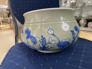A Chinese blue and white celadon-ground censer, Kangxi